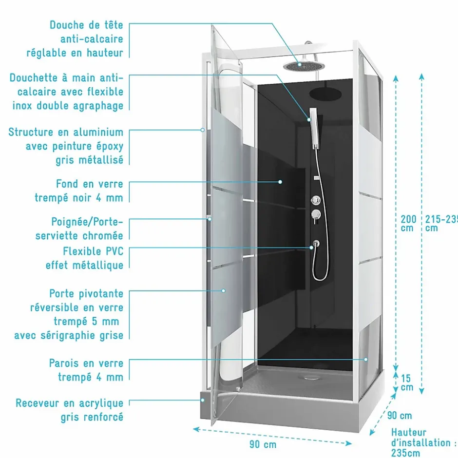Aurlane Cabine de douche 90 carrée 90x90x225cm - SCRATCHY 90* Cabine De Douche