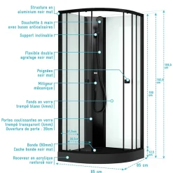 Aurlane Cabine de douche 1/4 de cercle 85x85x200 cm - Portes coulissantes - Receveur Noir Mat* Cabine De Douche