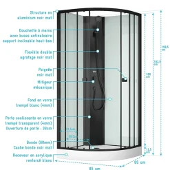 Aurlane Cabine de douche 1/4 de cercle 85x85x200 cm - Portes coulissantes - Fonds Blancs & Profilés Noir Mat* Cabine De Douche
