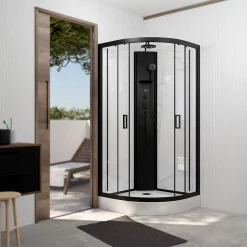 Aurlane Cabine de douche 1/4 de cercle 85x85x210/235 cm - Receveur + Fonds Blancs / Colonne + Profilés Noirs* Cabine De Douche