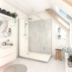 Cabine de douche à l’italienne l.90 x L.160 x H.218 cm – effet marbre gris, receveur de plain-pied, Elmer Serenity* Cabine De Douche Pmr