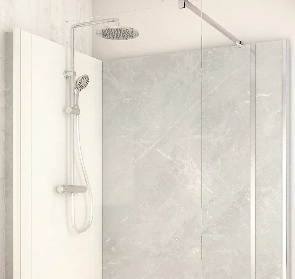 Cabine de douche à l’italienne l.90 x L.140 x H.218 cm – effet marbre gris, receveur de plain-pied, Elmer Serenity