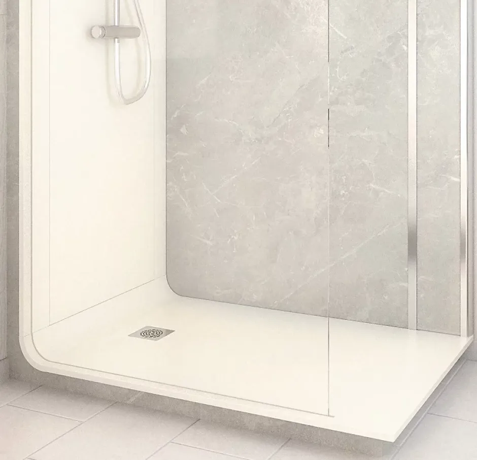 Cabine de douche à l’italienne l.90 x L.140 x H.218 cm – effet marbre gris, receveur de plain-pied, Elmer Serenity