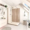 Cabine de douche à l’italienne l.80 x L.140 x H.218 cm – effet bois, receveur de plain-pied, Elmer Serenity* Cabine De Douche Pmr