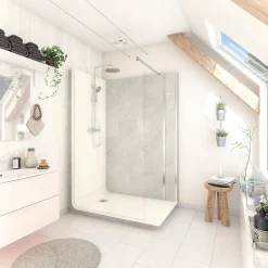Cabine de douche à l’italienne l.80 x L.140 x H.218 cm – effet marbre gris, receveur de plain-pied, Elmer Serenity* Cabine De Douche Pmr