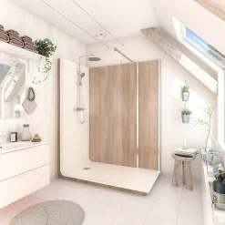 Cabine de douche à l’italienne l.90 x L.160 x H.218 cm – effet bois, receveur de plain-pied, Elmer Serenity