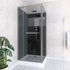 Aurlane Cabine de Douche Carrée 90x90cm Porte Pivotante - Fond Noir avec bande effet miroir - SQUARE STRIPE* Cabine De Douche