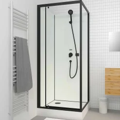 Aurlane Cabine de douche carrée 80x80x200 cm - Porte pivotante - Fonds Blancs & Profilés Noir Mat