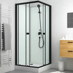 Aurlane Cabine de douche carrée 80x80x200 cm - Portes coulissantes - Fonds Blancs & Profilés Noir Mat