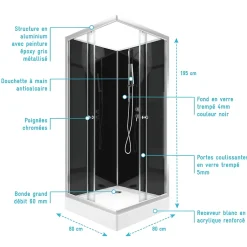 Aurlane Cabine de douche carrée 80x80x195 - Portes coulissantes en verre trempé 5mm - SQUARY BLACK 2* Cabine De Douche
