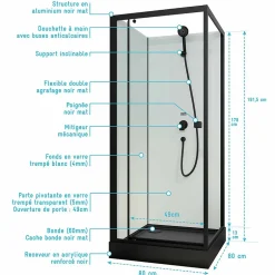 Aurlane Cabine de douche carrée 80x80x200cm - Porte pivotante - Fonds Blancs - Receveur et Profilés Noirs* Cabine De Douche