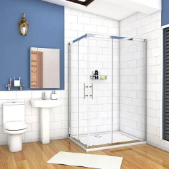 AICA Sanitaire Cabine de douche coulissante - Verre anticalcaire 6 mm - Accès par angle - Poignée en acier inox chromé - 100x90x195 cm