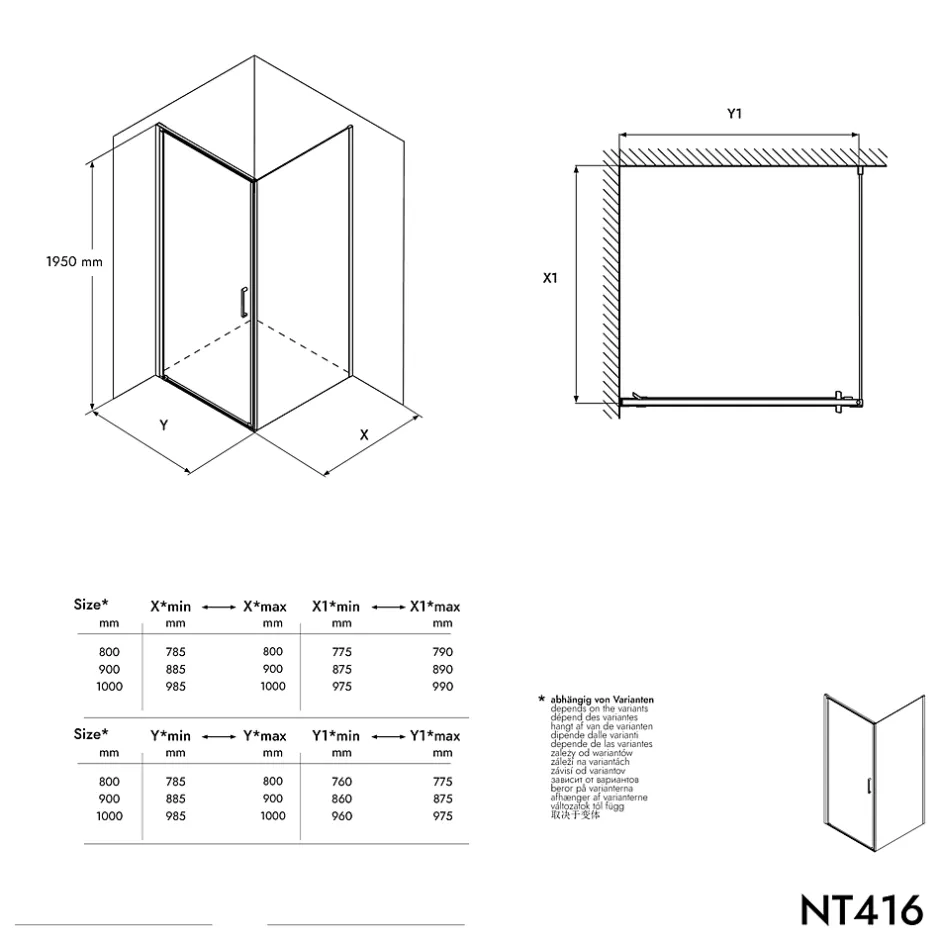 Bernstein Cabine de douche d'angle 100x100x195cm (LxPxH) verre 8mm, 1 porte battante 100cm, Profilé chrome - NT416* Porte De Douche
