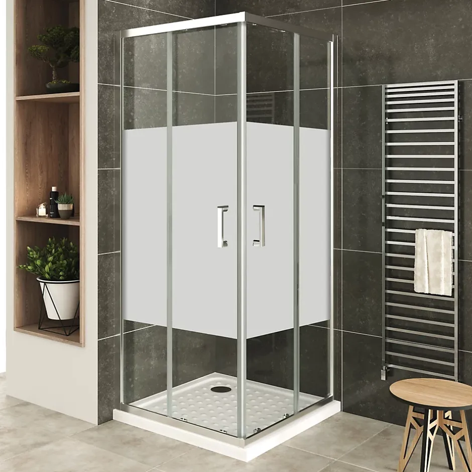 Saniverre Cabine De Douche H180 90x100cm - Verre Centre-opaque Portes Coulissantes Lana+ (sans Receveur) -* Cabine De Douche