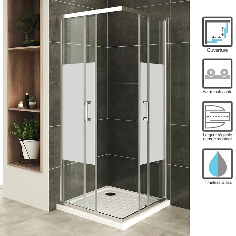 Saniverre Cabine De Douche H180 90x100cm - Verre Centre-opaque Portes Coulissantes Lana+ (sans Receveur) -* Cabine De Douche