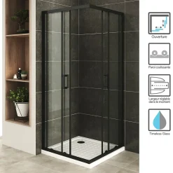 Saniverre Cabine De Douche H180 90x100cm - Verre Transparent Portes Coulissantes Lanablack+ (sans Receveur) -* Cabine De Douche