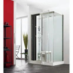Kinedo Cabine de douche hydromassante et hammam HORIZON 120x120 hauteur receveur 12,5cm 1 porte pivotante finition perle noire