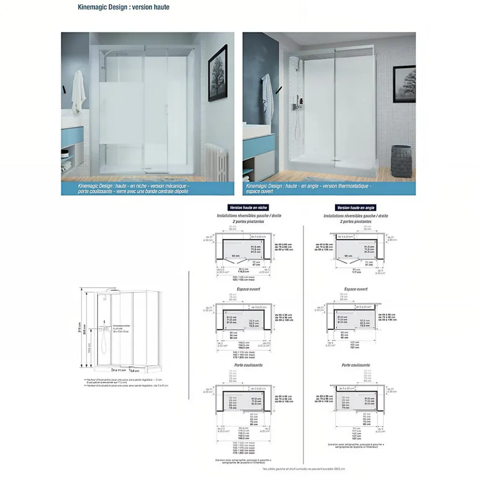 Kinedo Cabine de douche Kinemagic Design 120x80 habillage toute hauteur 1 porte pivotante verre transparent avec mitigeur