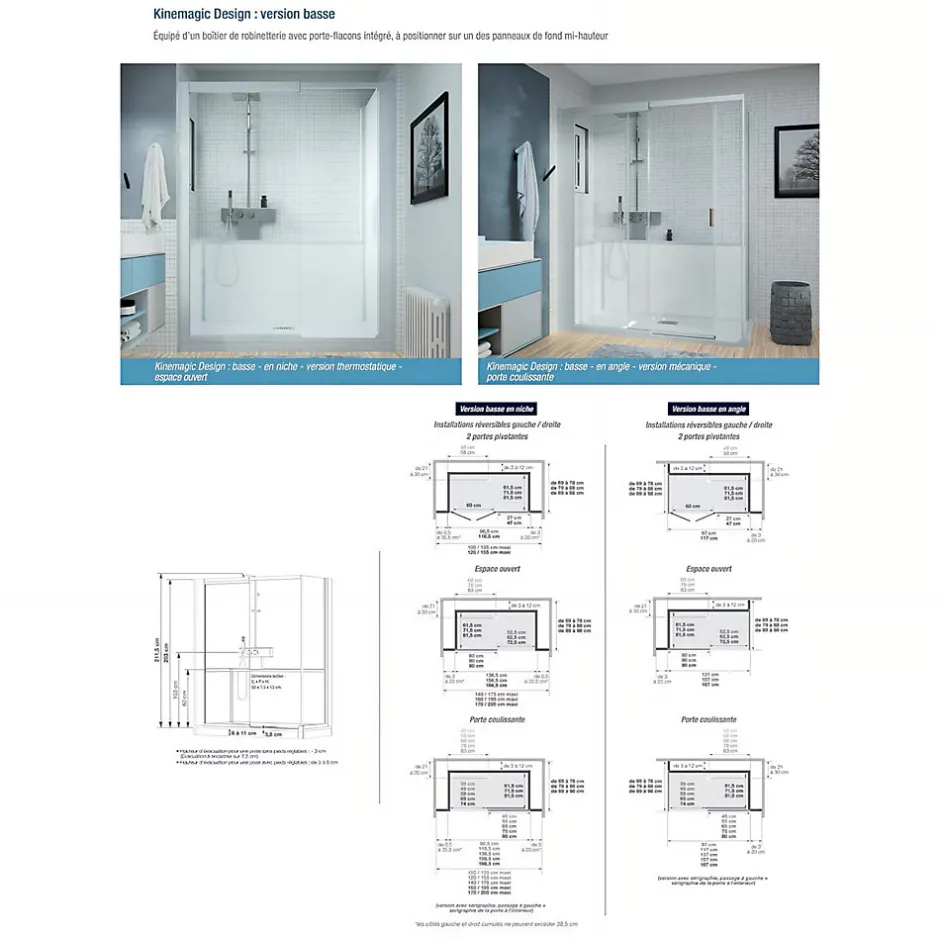 Kinedo Cabine de douche Kinemagic Design 120x70 habillage toute hauteur 1 coulissant verre transparent avec mitigeur