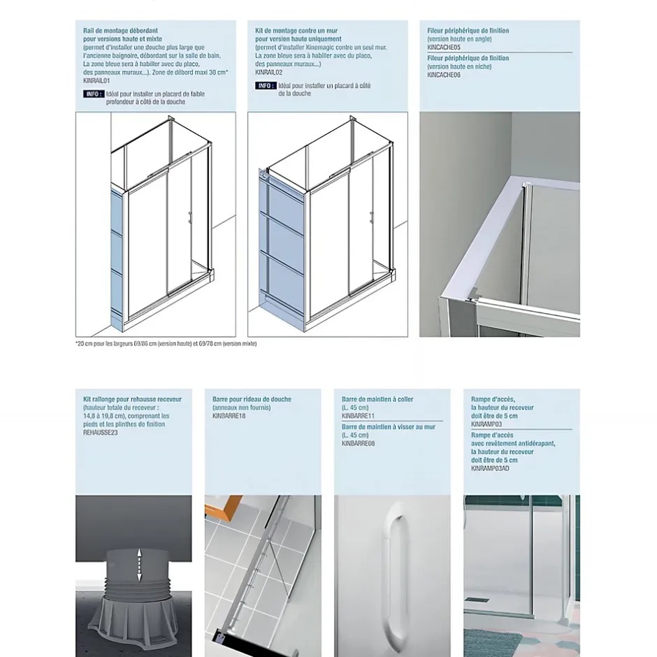 Kinedo Cabine de douche Kinemagic Design 120x70 habillage toute hauteur 1 coulissant verre transparent avec mitigeur