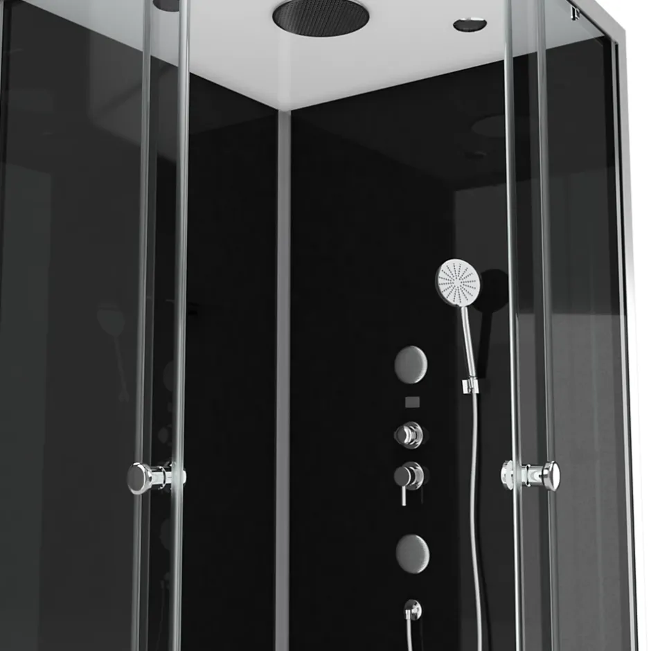 Galedo Cabine de douche l.90 x L.90 x H.215 cm – hydromassante, fond noir verre trempé, profilés chromés, tablette, Black 2
