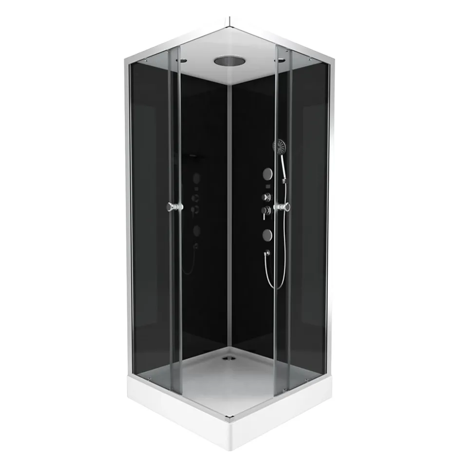 Galedo Cabine de douche l.90 x L.90 x H.215 cm – hydromassante, fond noir verre trempé, profilés chromés, tablette, Black 2