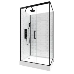 Cabine de douche L.80 x L.110 x H.230 cm – fond effet métro, douchette anticalcaire, style noir & blanc, Galedo Metro* Cabine De Douche
