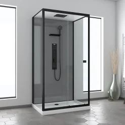 Galedo Cabine de douche L.110 x l.80 x H.207,5 cm – hydromassante multijets, receveur bas, bouton push, Trendy Grey