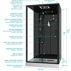 Galedo Cabine de douche l.115 x L.90 x H.220 cm – hydromassante connectée, Bluetooth, noir & blanc, plafond lumineux, Aura* Cabine De Douche