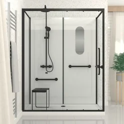 Galedo Cabine de douche l.85 x L.160 x H.200 cm – colonne thermostatique, noir & blanc, siège, large ouverture, Access 2* Cabine De Douche Pmr|Cabine De Douche