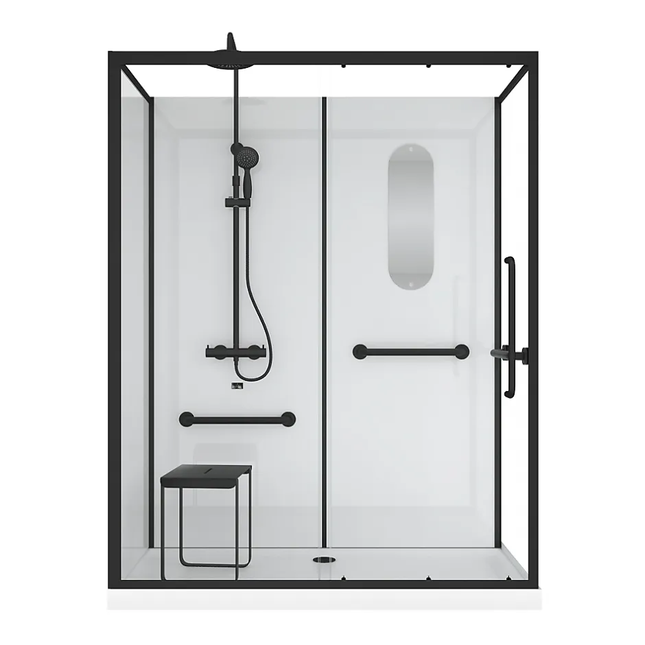 Galedo Cabine de douche l.85 x L.160 x H.200 cm – colonne thermostatique, noir & blanc, siège, large ouverture, Access 2* Cabine De Douche Pmr|Cabine De Douche