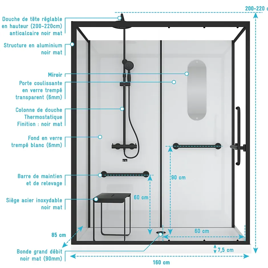 Galedo Cabine de douche l.85 x L.160 x H.200 cm – colonne thermostatique, noir & blanc, siège, large ouverture, Access 2* Cabine De Douche Pmr|Cabine De Douche