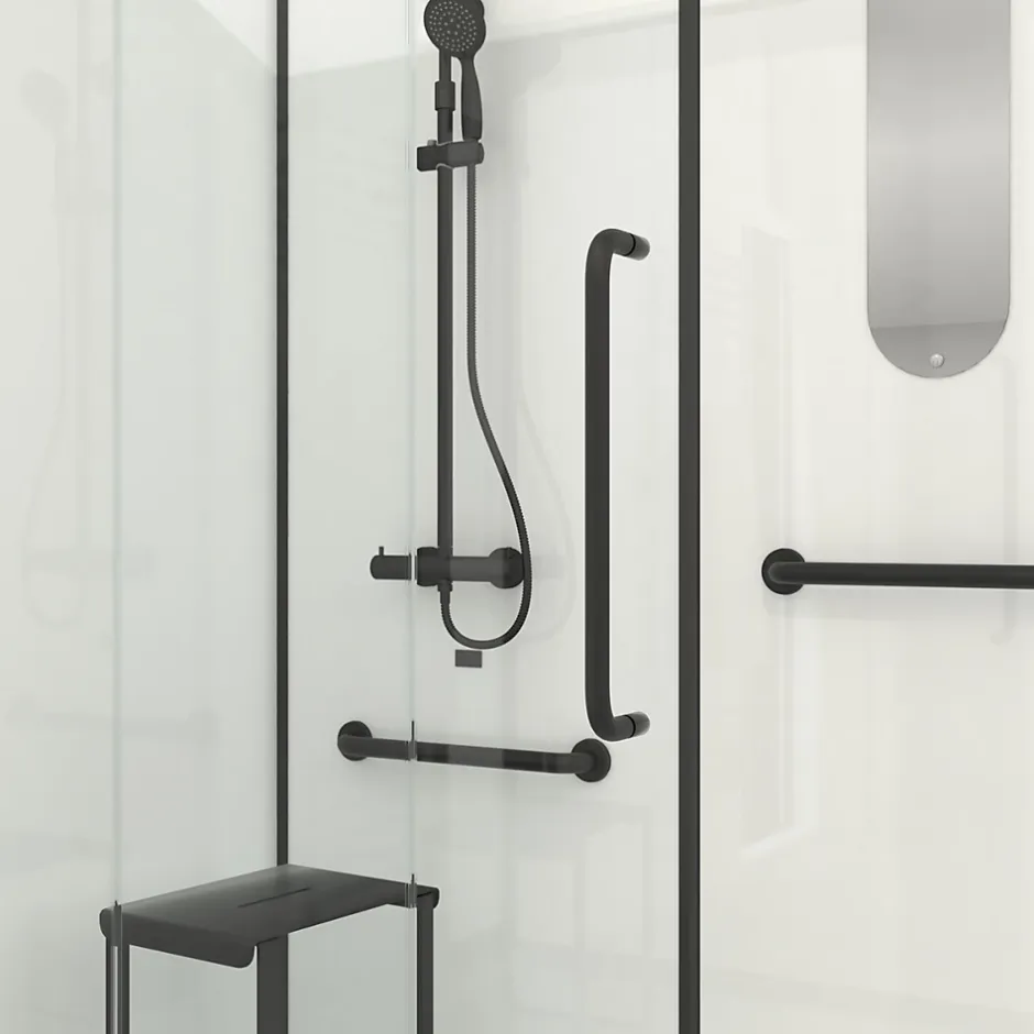 Galedo Cabine de douche l.85 x L.160 x H.200 cm – colonne thermostatique, noir & blanc, siège, large ouverture, Access 2* Cabine De Douche Pmr|Cabine De Douche
