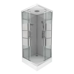 Galedo Cabine de douche l.90 x L.90 x H.215 cm – structure effet chrome, fond gris, sérigraphie 3 bandes, River 2 Square