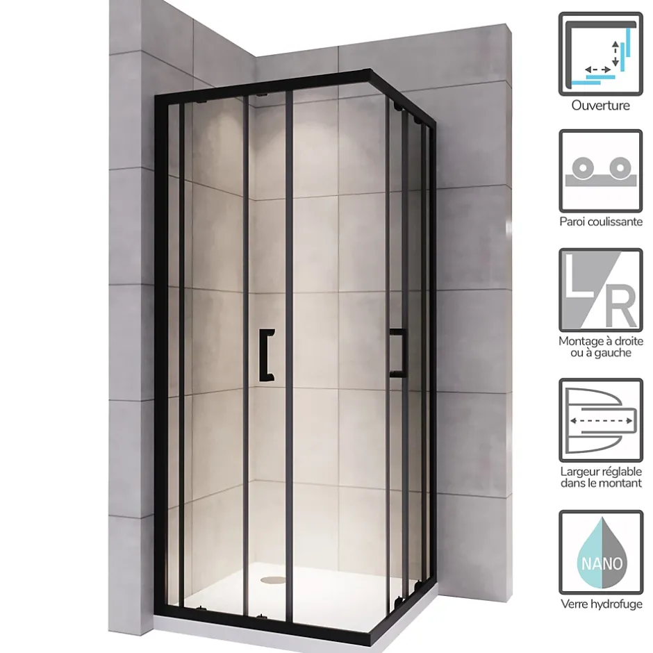 Saniverre Cabine de douche LANABLACK H.185 cm portes coulissantes verre 6 mm transparent 80 x 90 cm -* Cabine De Douche