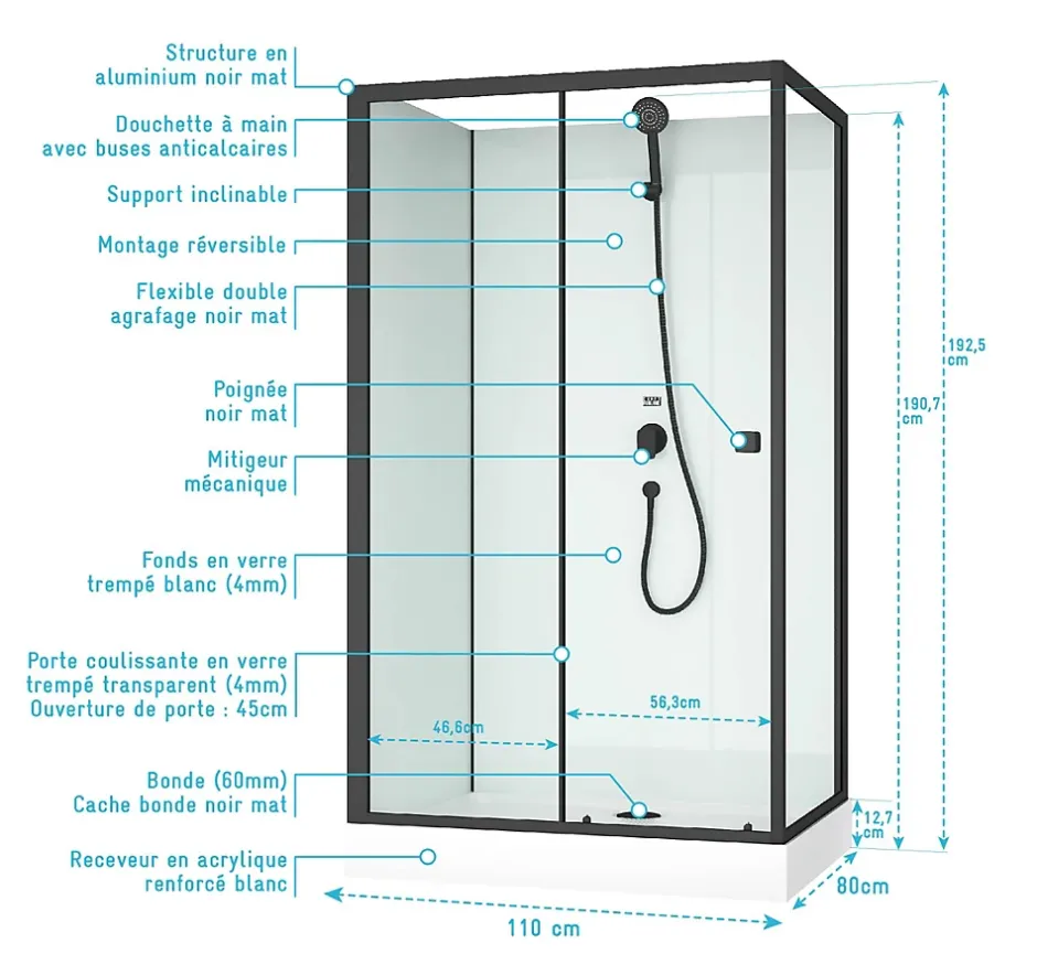 Aurlane Cabine de douche rectangulaire 110x80x197 cm - Porte coulissante - Fonds Blancs & Profilés Noir Mat* Cabine De Douche
