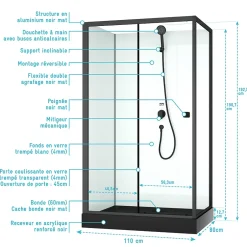 Aurlane Cabine de douche rectangulaire 110x80x197 cm - Porte coulissante - Receveur Noir Mat
