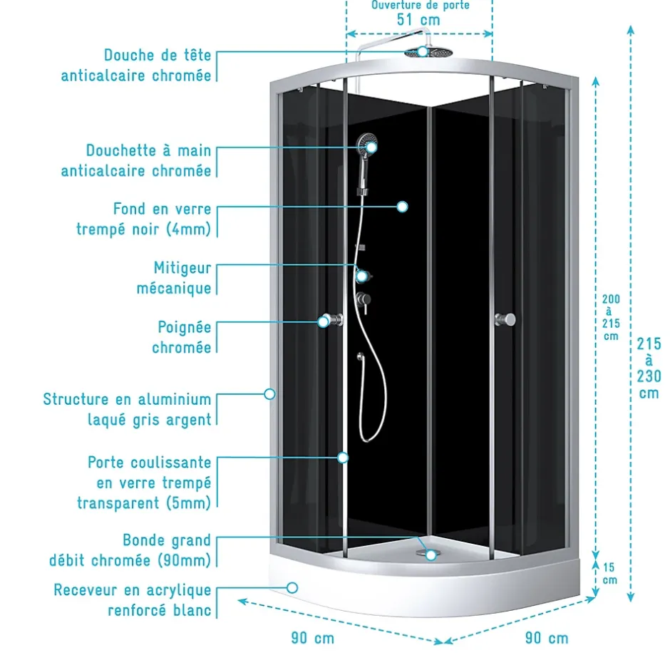 Aurlane cabine de douche ROUND SHADOW CORNER 90x90x230cm* Cabine De Douche