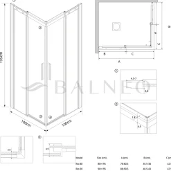 Balneo Cabine de douche 80x100 cm coulissante en 6mm verre trempé anticalcaire, profils dorés