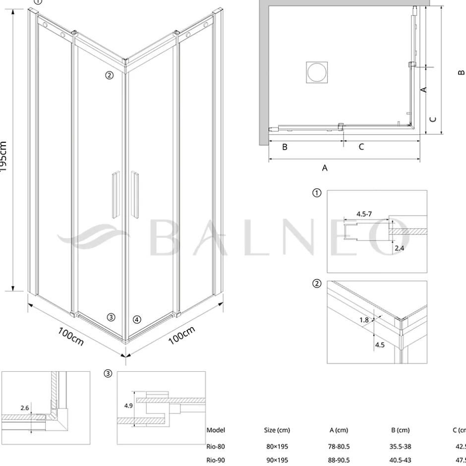 Balneo Cabine de douche 80x80 cm coulissante en 6mm verre trempé anticalcaire, profils dorés