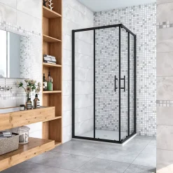 AICA Sanitaire Cabine de douche 90x90x200cm accès d'angle - Noir Mat , noire porte de douche coulissante, en 6mm verre anticalcaire