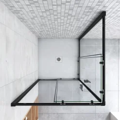 AICA Sanitaire Cabine de douche 90x90x200cm accès d'angle - Noir Mat , noire porte de douche coulissante, en 6mm verre anticalcaire