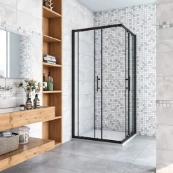 AICA Sanitaire Cabine de douche 90x90x200cm accès d'angle - Noir Mat , noire porte de douche coulissante, en 6mm verre anticalcaire