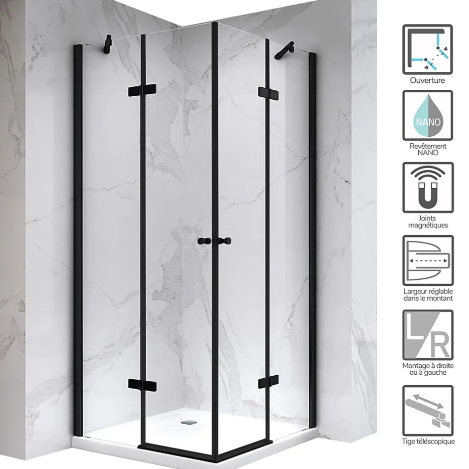 Saniverre Cabine porte de douche d'angle MAYA-BLACK H180 cm, 80 x 120 cm, verre transparent -* Cabine De Douche
