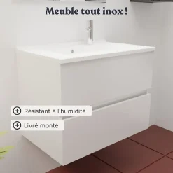 Cuisibane Caisson de salle de bain ROSALY INOX - 70 cm- Blanc- Plan vasque en