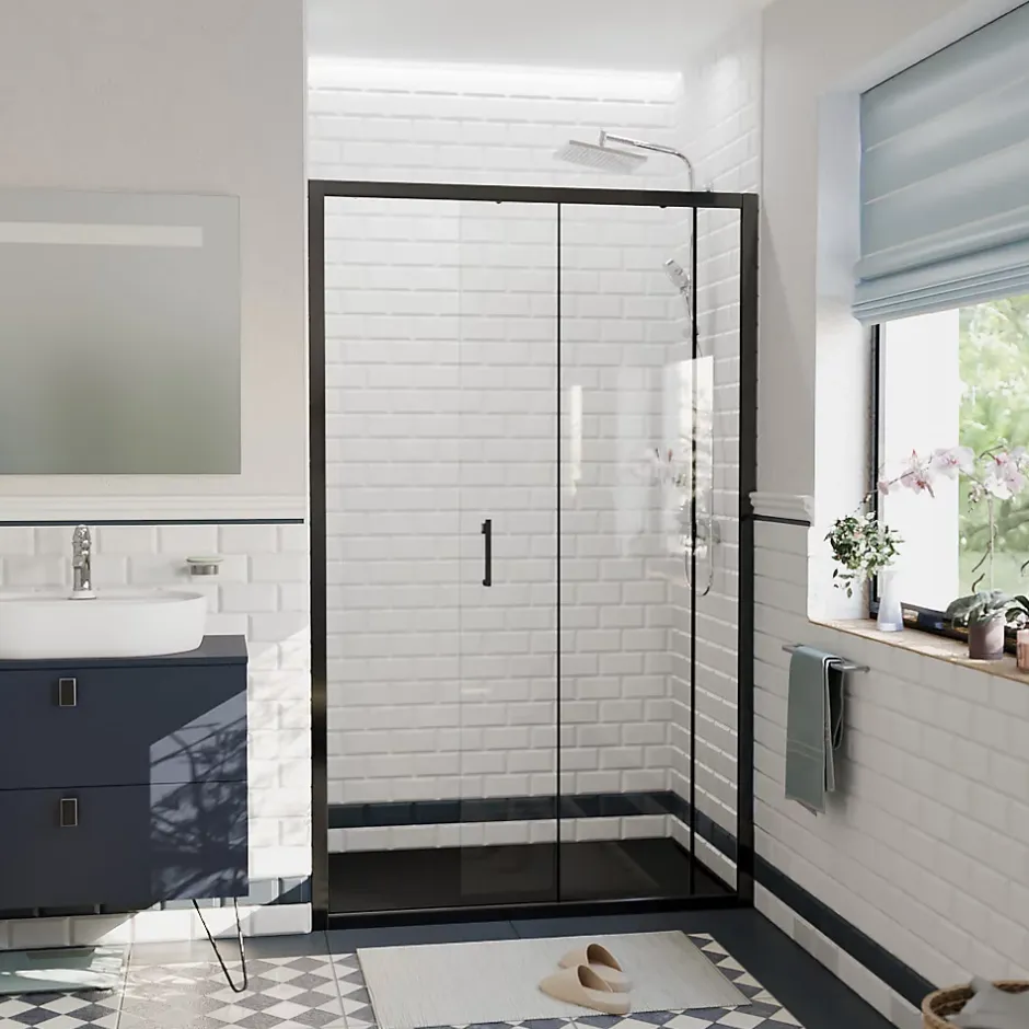 Ceramia PURA Porte de douche 120x195cm coulissante anticalcaire avec profilés Noir mat (CERAHP120B)* Porte De Douche