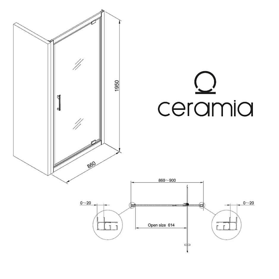 Ceramia Zenith Porte de douche 90x195cm pivotante anticalcaire avec profilés Chrome brillant (CERAHZ90C)* Porte De Douche