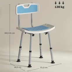 Homcom Chaise de douche siège de douche ergonomique hauteur réglable pieds antidérapants charge max. 136 Kg alu HDPE bleu