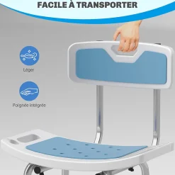 Homcom Chaise de douche siège de douche ergonomique hauteur réglable pieds antidérapants charge max. 136 Kg alu HDPE bleu