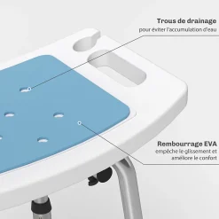 Homcom Chaise de douche siège de douche ergonomique hauteur réglable pieds antidérapants charge max. 136 Kg alu HDPE bleu